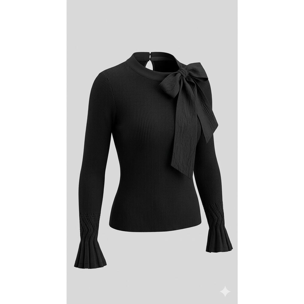 XS - Chicwish Black Bow Neck Bell Sleeve Knit Blouse Top